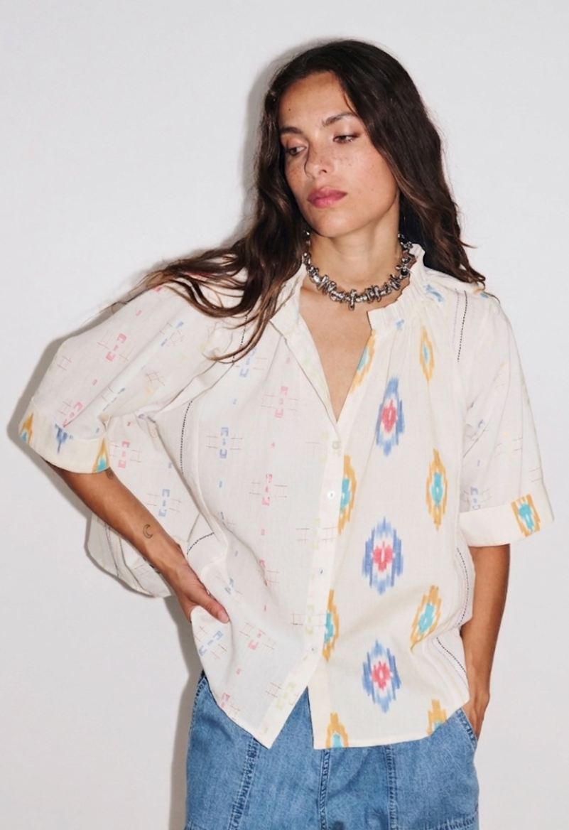 Chemise Kaia écrue femme patchwork ikat 